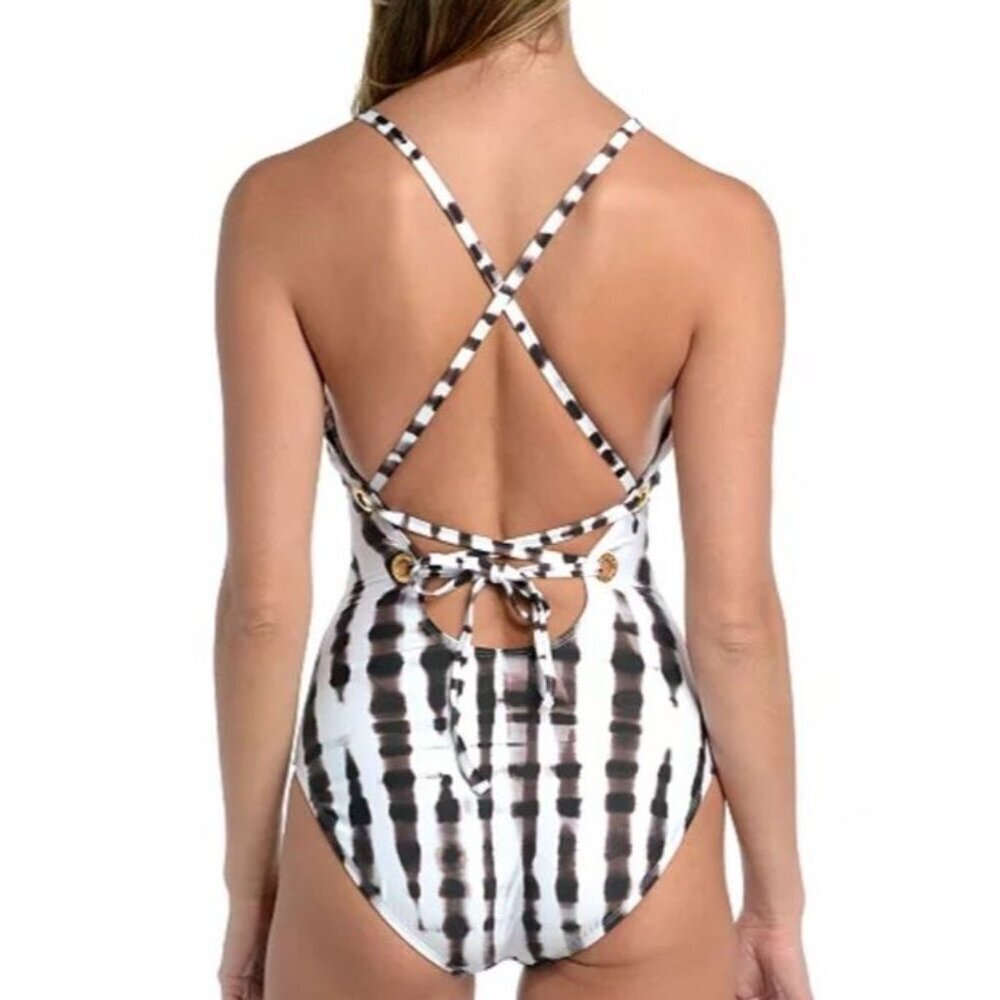 La Blanca Sz 14 Swimsuit One Piece Twisted Bamboo Tummy Control Brown White
